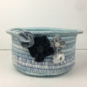 Blue Yarn Rope Bowl Handle Flowers Button Handmade